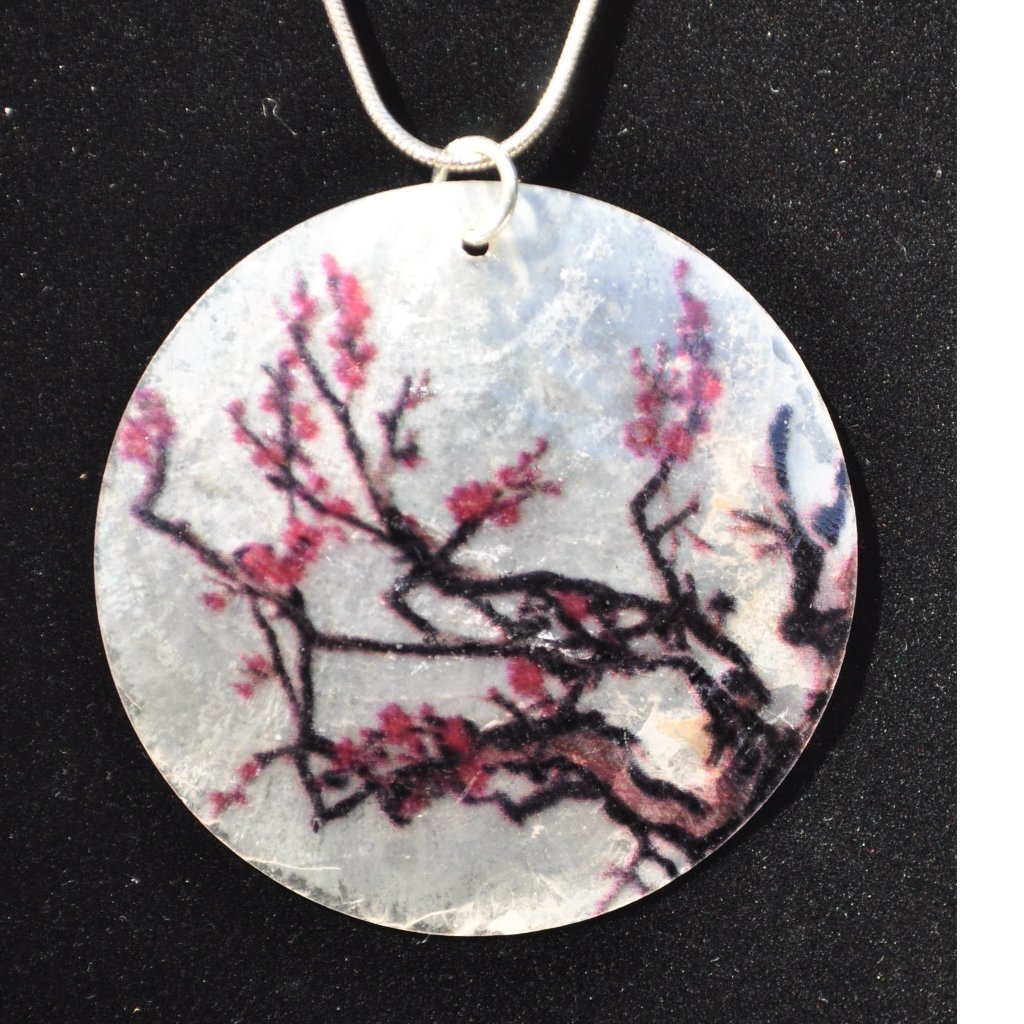 Color Cherry Blossoms On Shell Pendant & 925 Silver Necklace (3100)